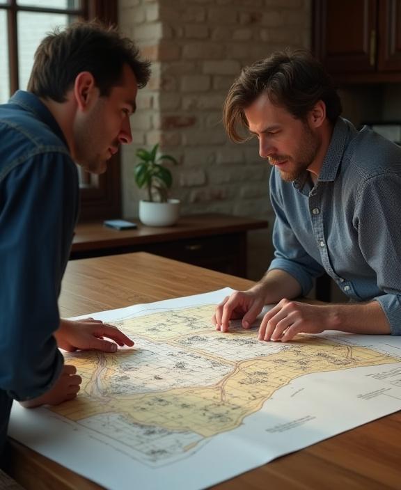 Grundlæggerne af Vandkants Slag diskuterer en projektplan over et kort.