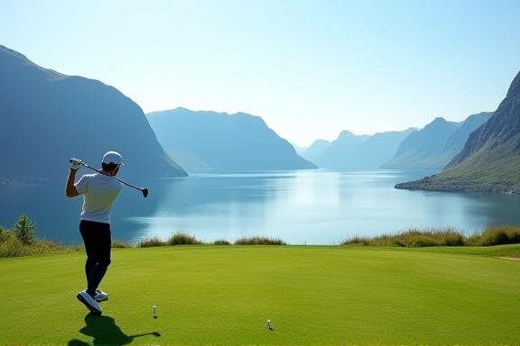 En golfspiller slår ud med en fjord i baggrunden på Fyns Fjord Links.