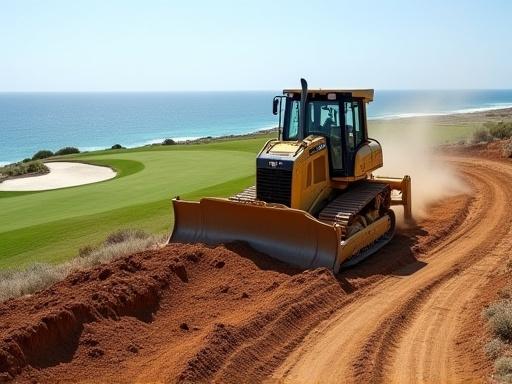 En bulldozer former en ny fairway på en byggeplads ved kysten.